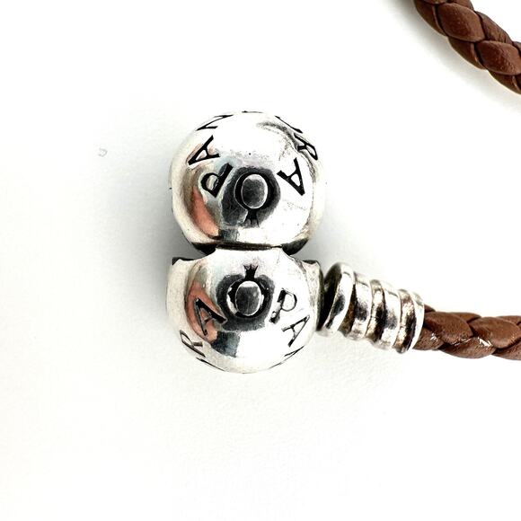 Pandora 925 Sterling Silver Medium Brown Braided Leather Wrap Charm 14” Bracelet - Picture 7 of 8